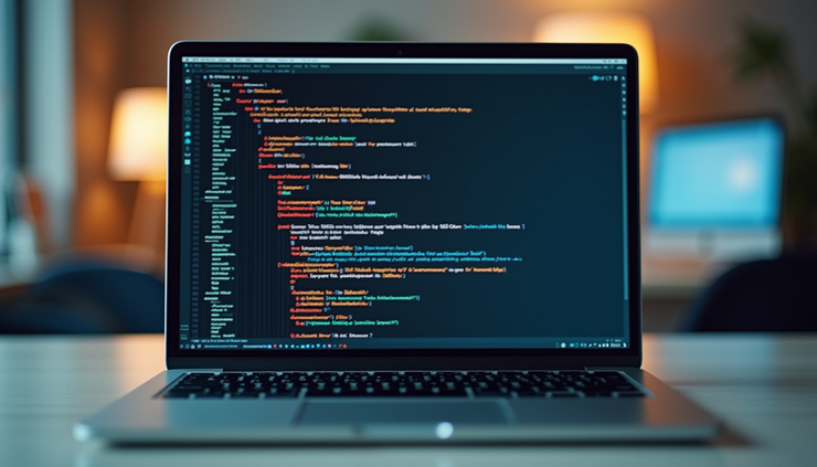 Eye-level view of a cluttered desk with a laptop showing a cybersecurity alert