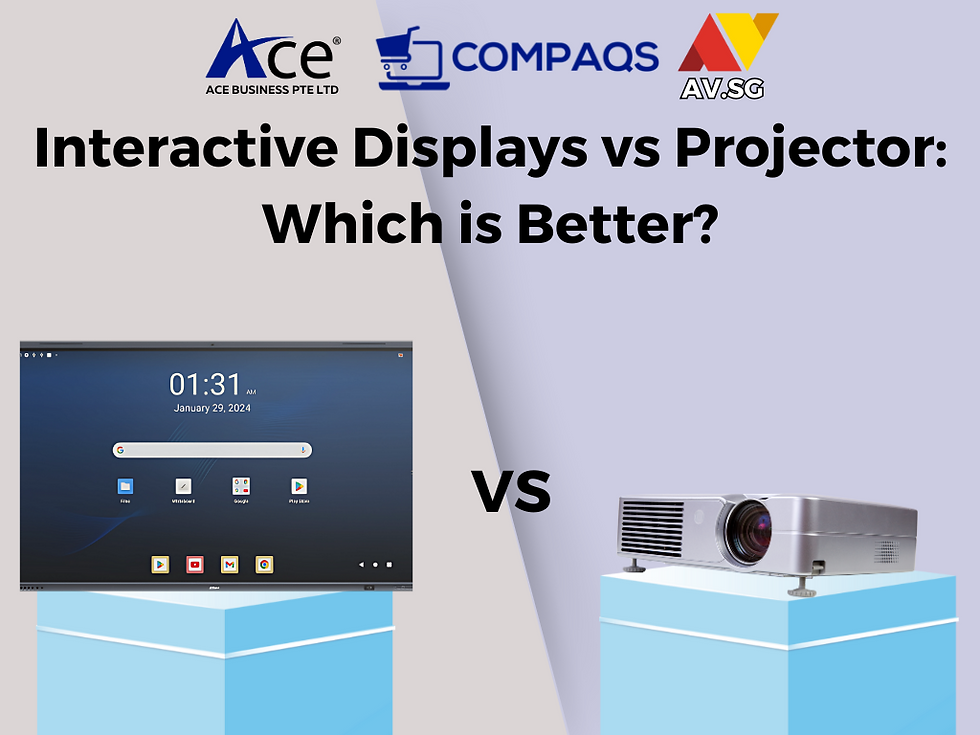 Interactive display vs. projector on blue pedestals. Text asks "Interactive Displays vs Projector: Which is Better?" Logos at top.