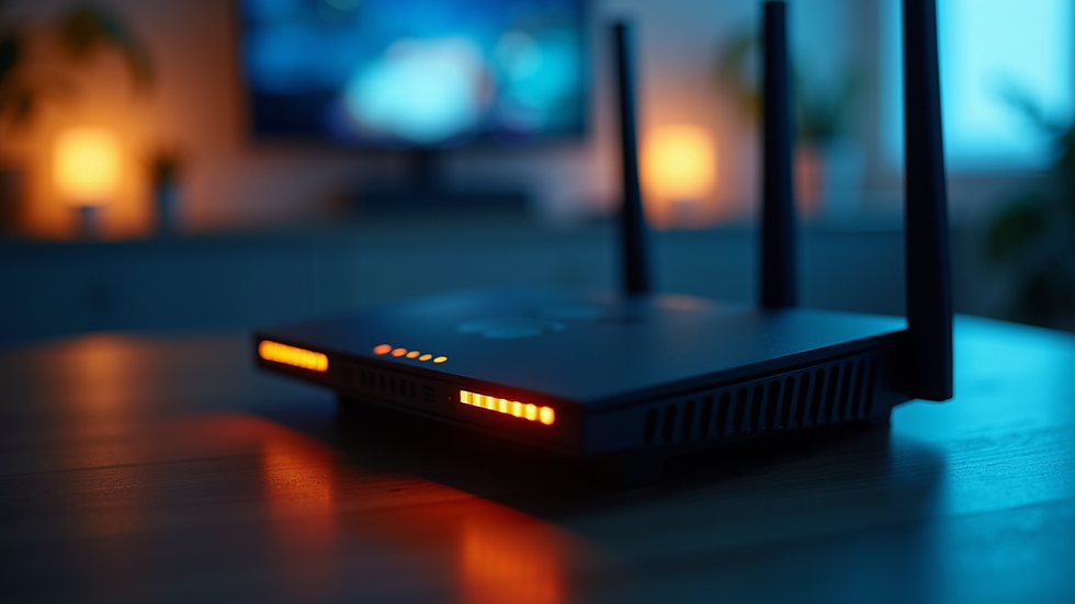 Close-up view of a modern Wi-Fi router with signal lights glowing
