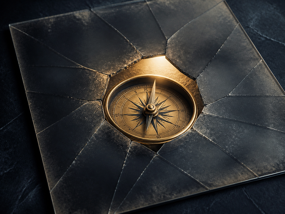 Brass compass revealed through broken dark mirror pieces, lit from within by warm light.
