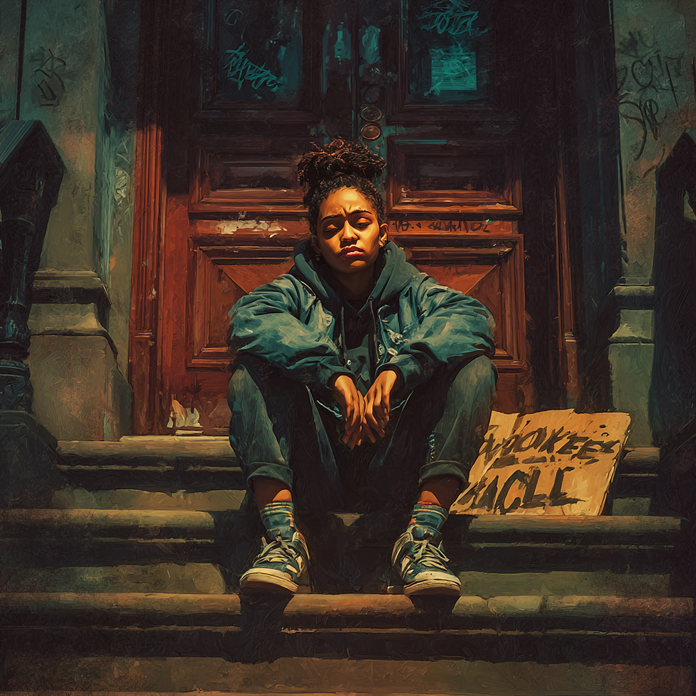young Black woman sitting on the steps of a brownstone, protest sign resting beside her, head in her hands, wearing a hoodie and sneakers.