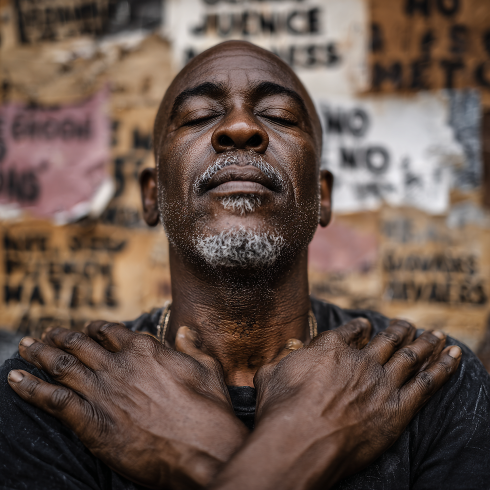 middle-aged Black man, eyes closed, hands crossed over his chest, a backdrop filled with protest signs behind him, torn and weathered