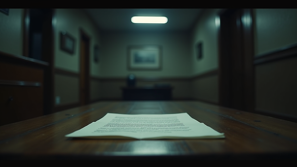 Eye-level view of a dimly lit room with a mysterious letter on a wooden table