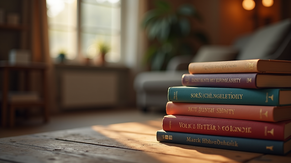 Eye-level view of a cozy reading nook with suspense romance novels stacked neatly