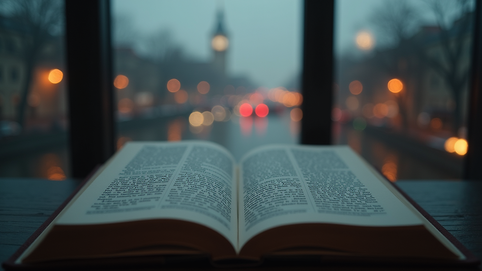 Close-up view of a suspense romance novel with a mysterious cityscape in the background