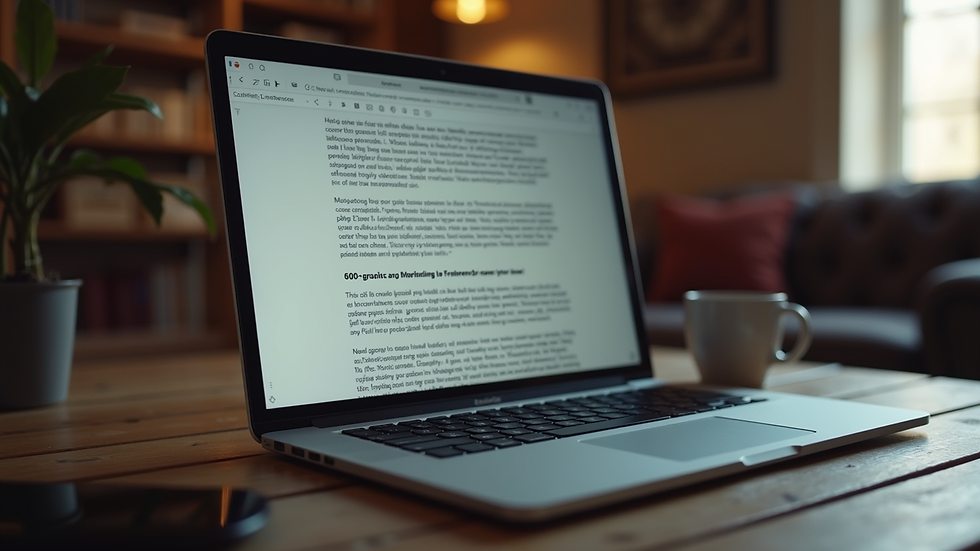 Close-up view of a laptop screen displaying a suspense romance blog post draft