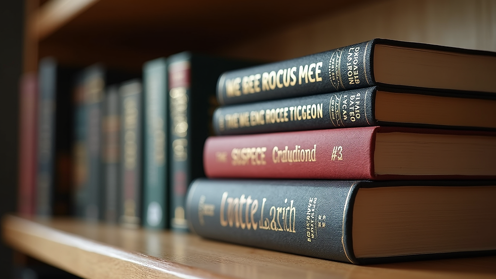 Close-up view of a stack of suspense romance fiction books on a wooden shelf