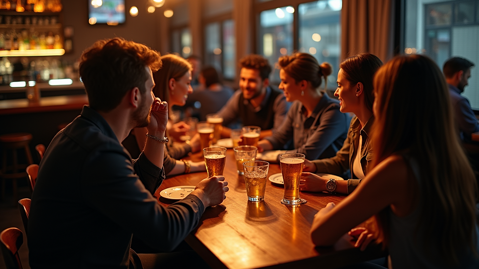 High angle view of a group of friends enjoying drinks at a bar table