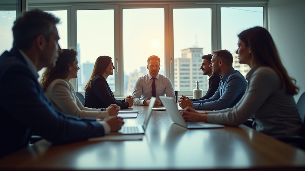 Eye-level view of a business meeting discussing market strategies