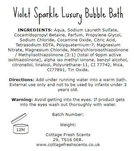 Violet Sparkle Bubble Bath Label detailing the ingredients, direction for use and warning