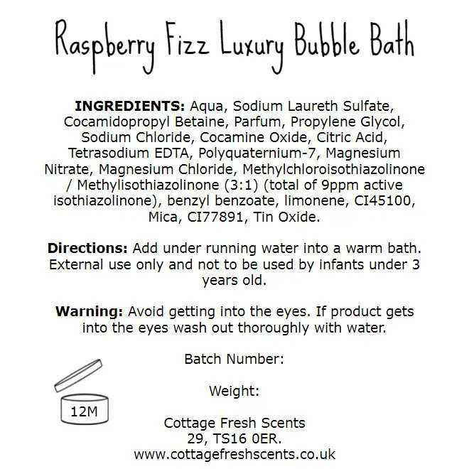 Details of ingredients for Raspberry Fizz Bubble Bath