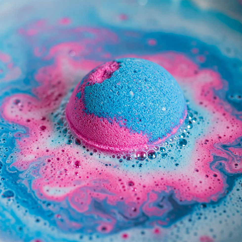 Relaxing blue and purple bath bomb fizzing in water releasing blue and purple foam