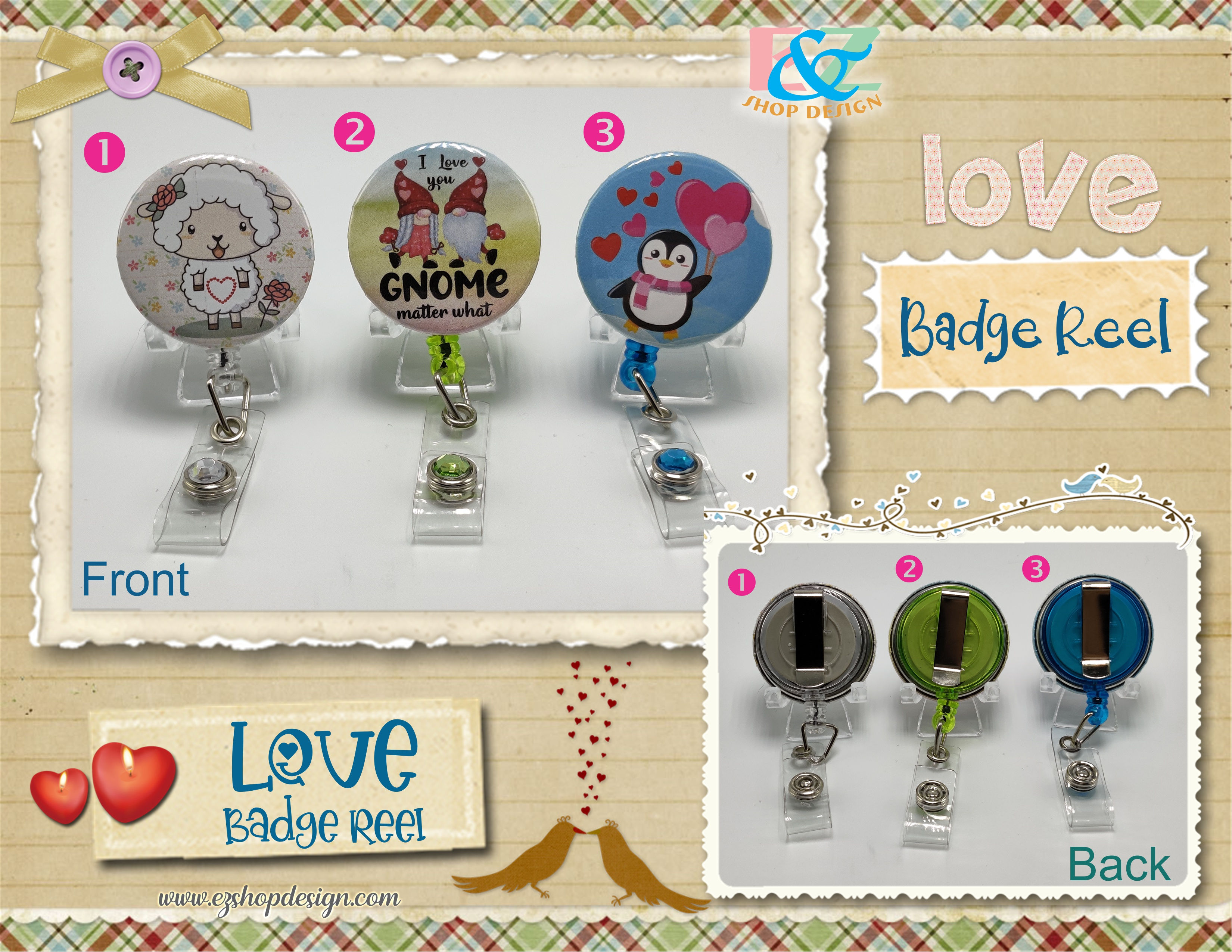 Retractable Badge Reel Belt Clip ID Holder | Metal Swivel Clasp | Love Theme