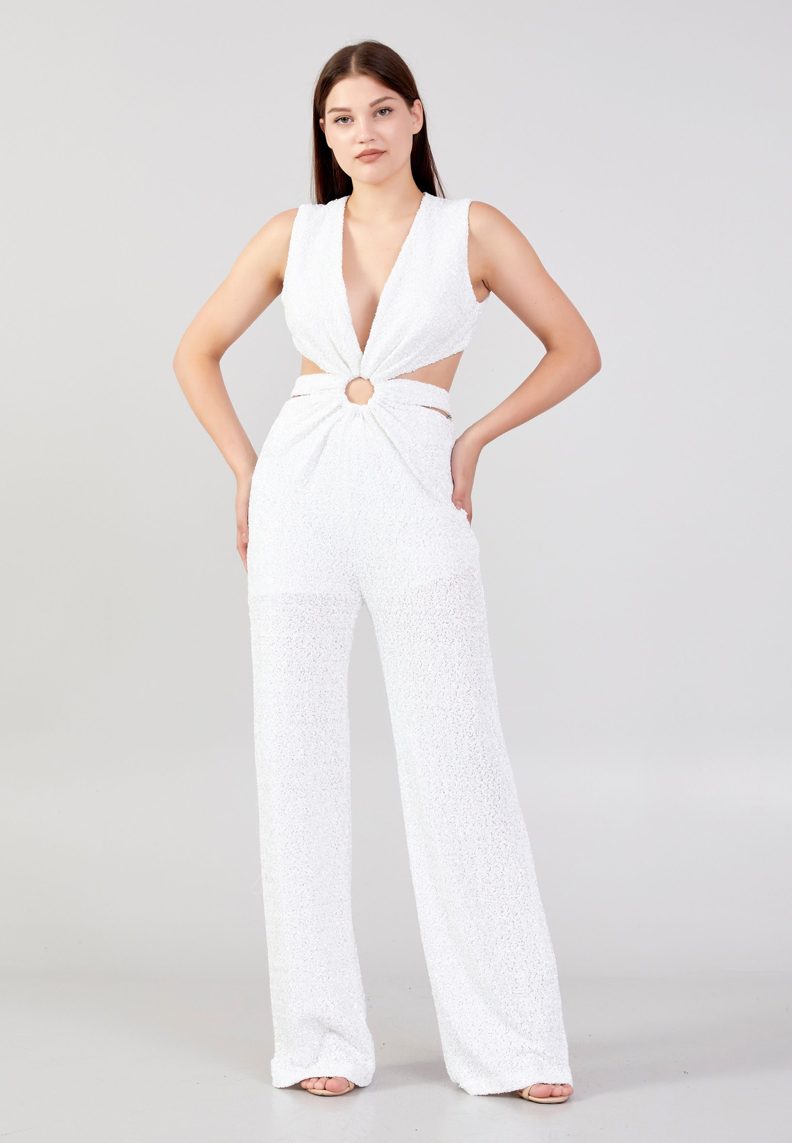 White Sequin Jumpsuit with Cut Outs
