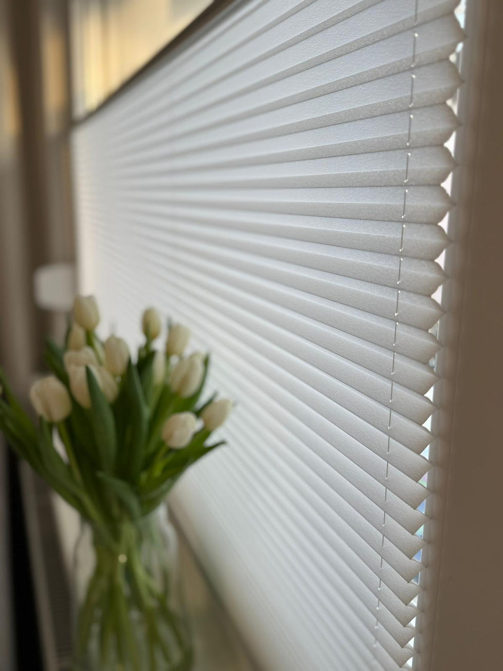 Maßgefertigtes weißes Plissee am Fenster