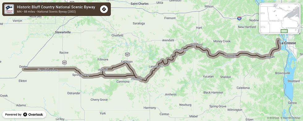 The Historic Bluff Country National Scenic Byway runs from Dexter east and west to LeCrescent, Minnesota featuring some of the most scenic views in Southern Minnesota. 