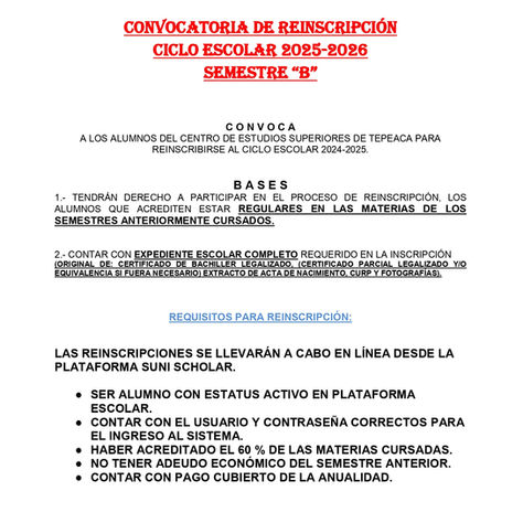 📢 CONVOCATORIA DE REINSCRIPCIÓN📚 Ciclo Escolar 2025–2026