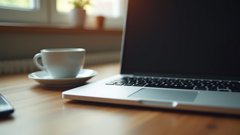 Eye-level view of a laptop on a wooden desk with a coffee cup nearby