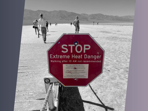 People walking past a red octagonal sign writing "STOP Extreme Heat Danger Walking after 10 AM not recommended"