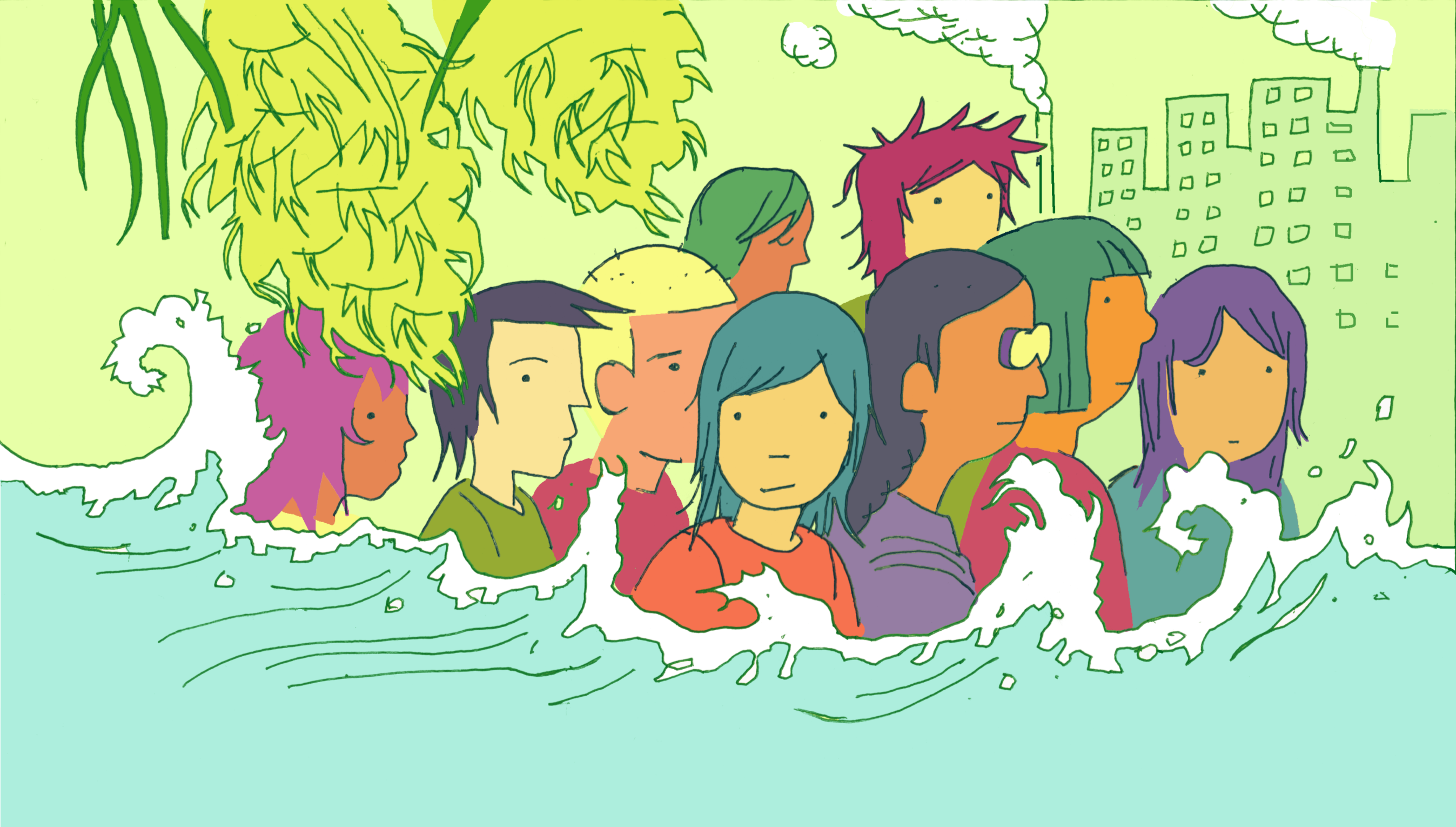 An illustration of various peoples of Asian descent standing in waves, with a building behind them