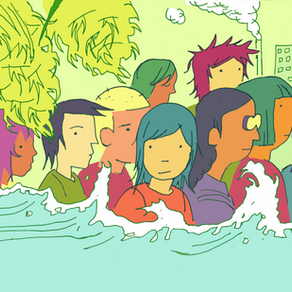 An illustration of various peoples of Asian descent standing in waves, with a building behind them