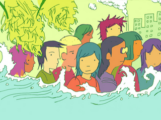 An illustration of various peoples of Asian descent standing in waves, with a building behind them