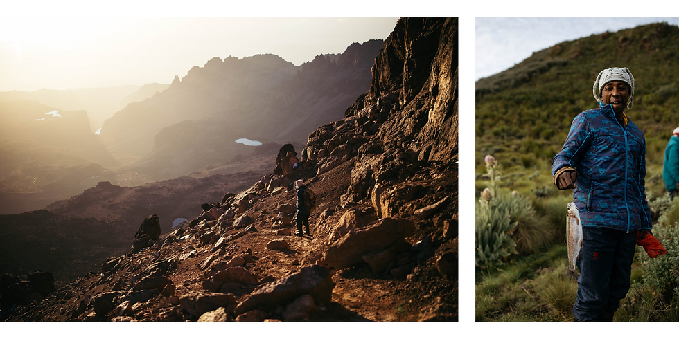 Left: After summiting Point Lenana at dawn, alpine guide Ian Loyford Kibaara Muchiri leads the way back to Mintos Camp. Right: Muchiri with trout he's caught in Lake Michaelson, which he fries into fillets.