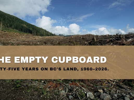 Clearcut BC forest landscape with overlay text reading “The Empty Cupboard: Sixty-Five Years on BC’s Land, 1960–2026.”
