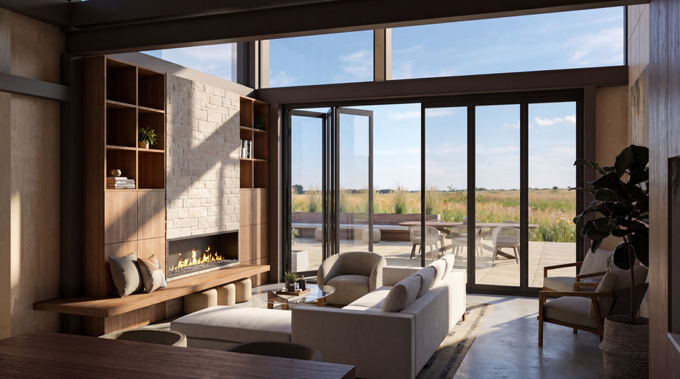 Photorealistic modular home living room rendering with natural wood built-ins, stone fireplace, large glass doors, neutral furnishings, and indoor-outdoor connection to the surrounding landscape.