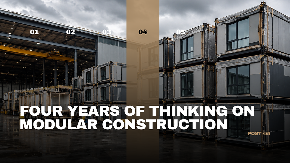 Volumetric modular construction units stacked outside an industrial factory, overlaid with the title “Four Years of Thinking on Modular Construction, Post 4/5.”
