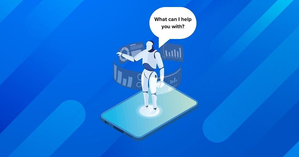 An AI robot standing on a tablet device asking "What can I help you with?"