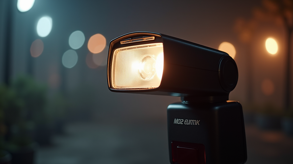 Close-up view of a camera flash with diffuser attached