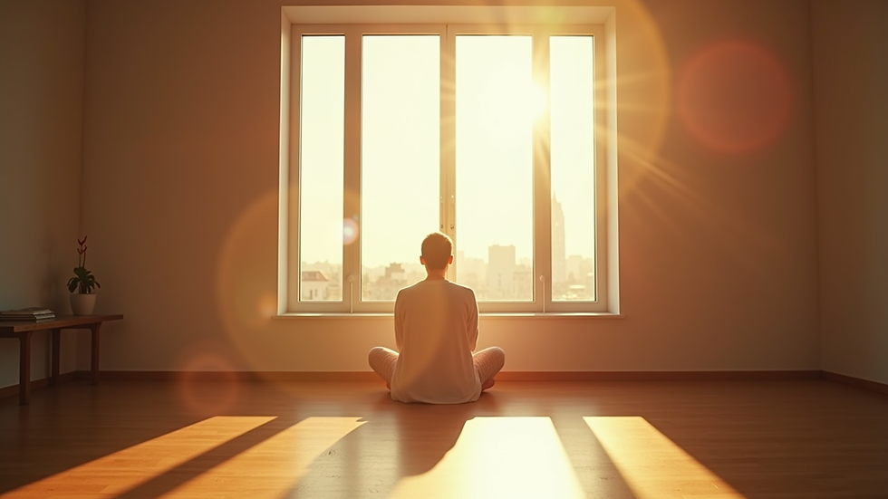 Eye-level view of a person sitting in a sunlit room near a large window