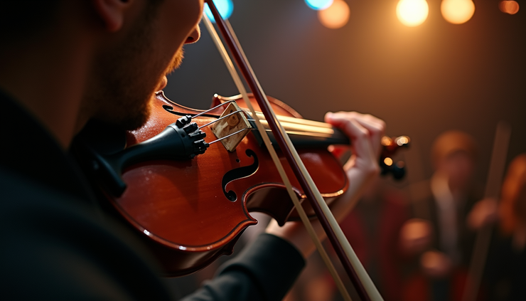 Eye-level view of Nigel Kennerdy tuning his violin backstage