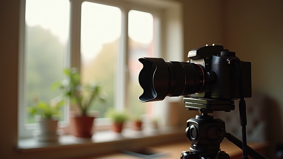Eye-level view of a camera set up near a window with natural light streaming in