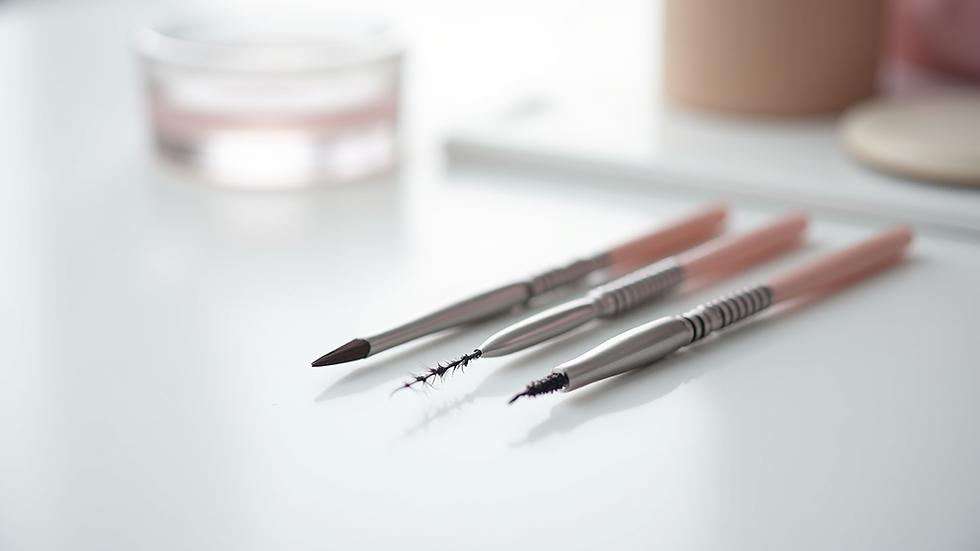 Close-up view of eyebrow shaping tools arranged neatly on a white surface