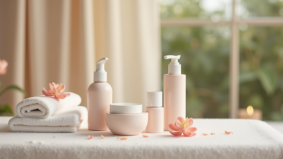 Close-up view of a skincare product set arranged neatly on a spa table