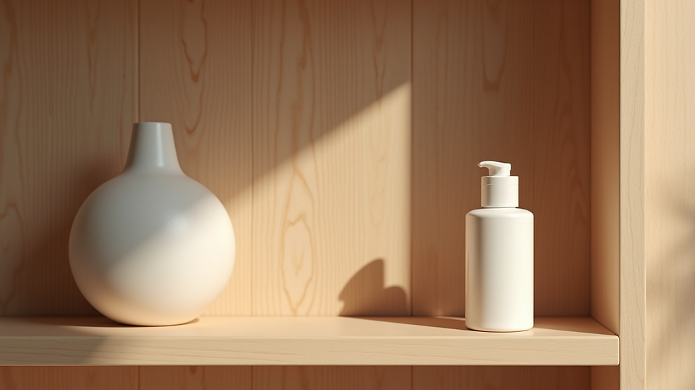 Eye-level view of a skincare product bottle on a wooden shelf
