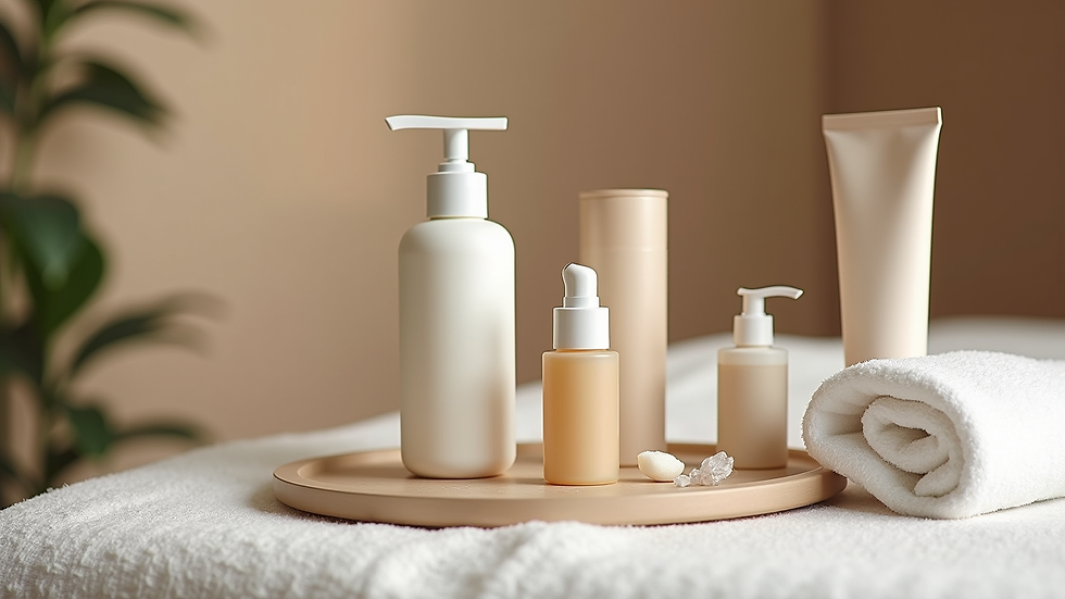 Close-up view of a spa treatment table with neatly arranged skincare products