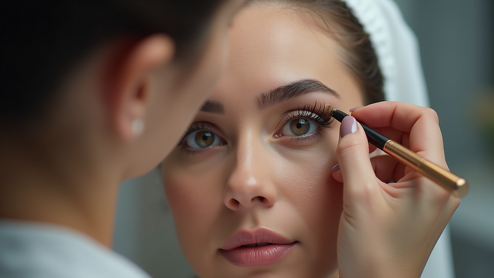 Eye-level view of a beauty professional shaping a client's eyebrows with precision
