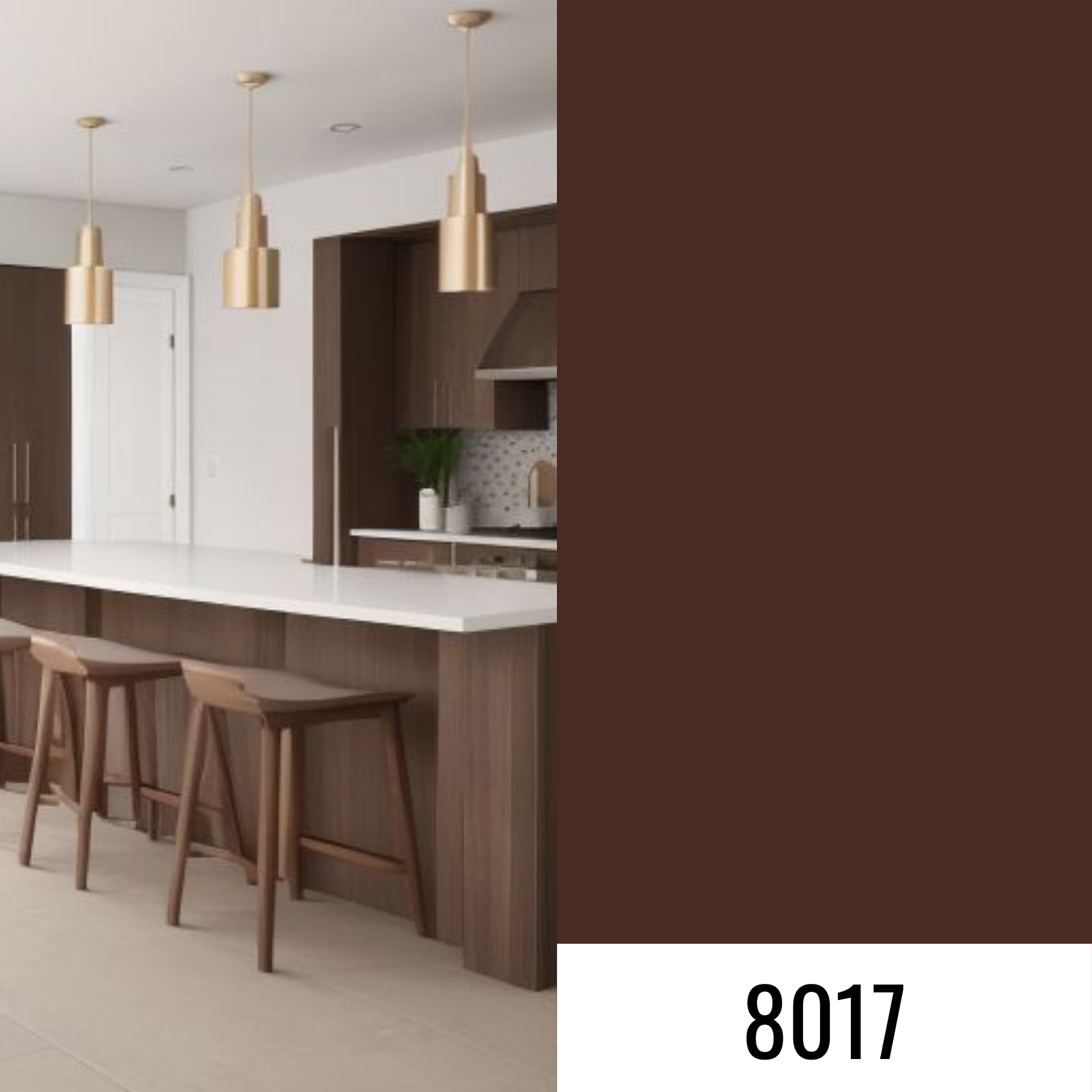Cuisine couleur chocolat avec un îlot central en bois et en blanc et des chaises hautes en bois