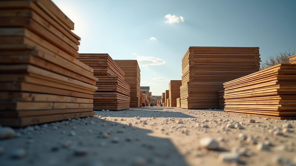 Eye-level view of construction materials stacked on site