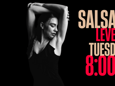 poster with Lucia and information sayin salsa on 2 level 1. Tuesdays at 8:00pm