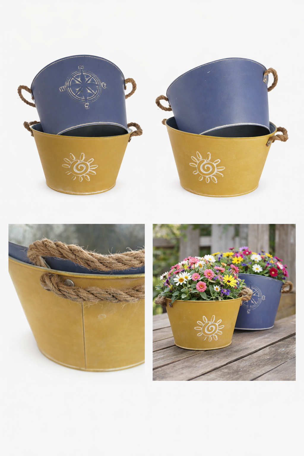 Set Of 2 Rope Handle Metal Pot Planters Blue/Yellow Sun/Compass