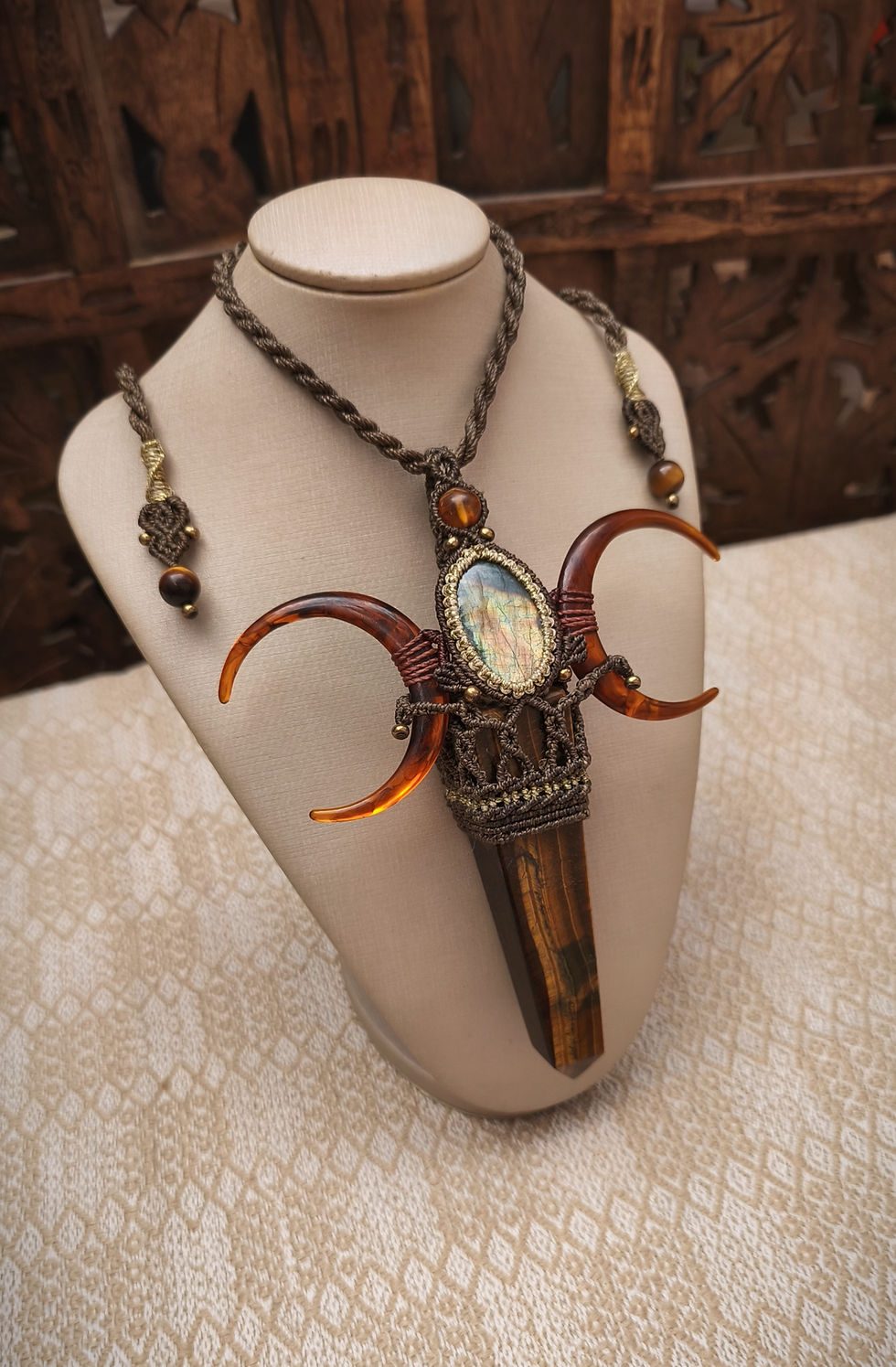 Miniatura: Maxi Colar Amuleto de Olho de Tigre, Labradorita e âmbar