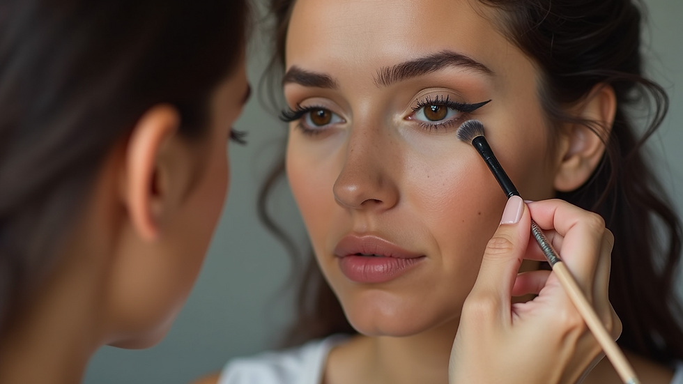 Close-up view of a beauty influencer applying makeup