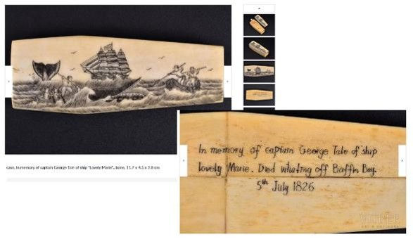 Another bone coffin with the same scrimshaw design as the memorial for 1st mate Ben Huggins of the Lovely Matilda on the 3rd September 1825, but this time memorialising Captain George Tale of the ship Lovely Marie, who died whaling off Baffin Bay on 5th July