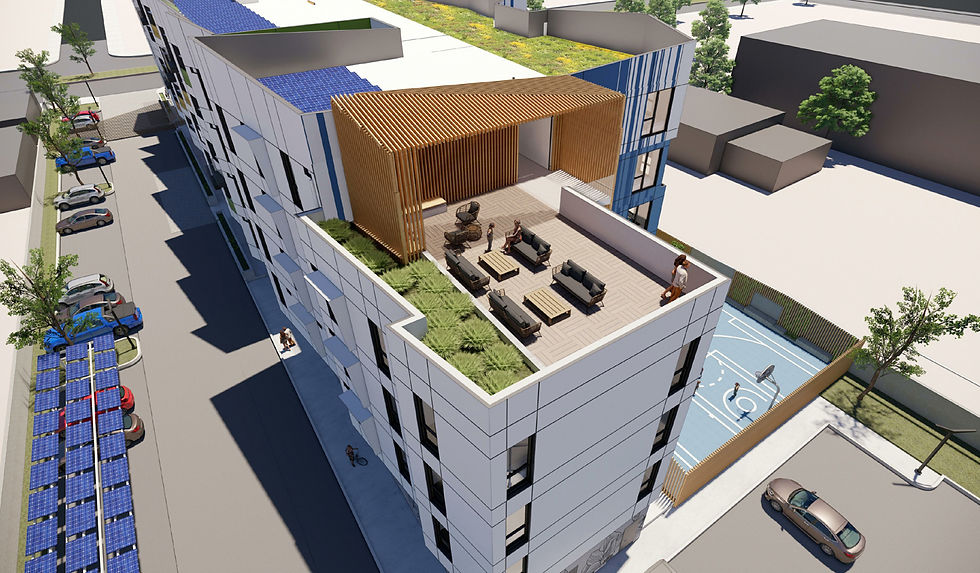 Magnolias-Affordable-Housing-Project-aerial-view-of-the-residential-roof-deck-amenity-and-