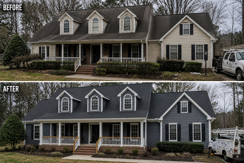 Before and after siding replacement featuring modern exterior protection system installation on residential home.