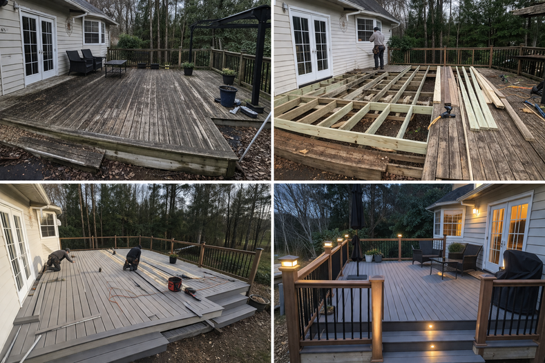 Before and after outdoor living and deck transformation featuring upgraded composite decking and covered exterior space.